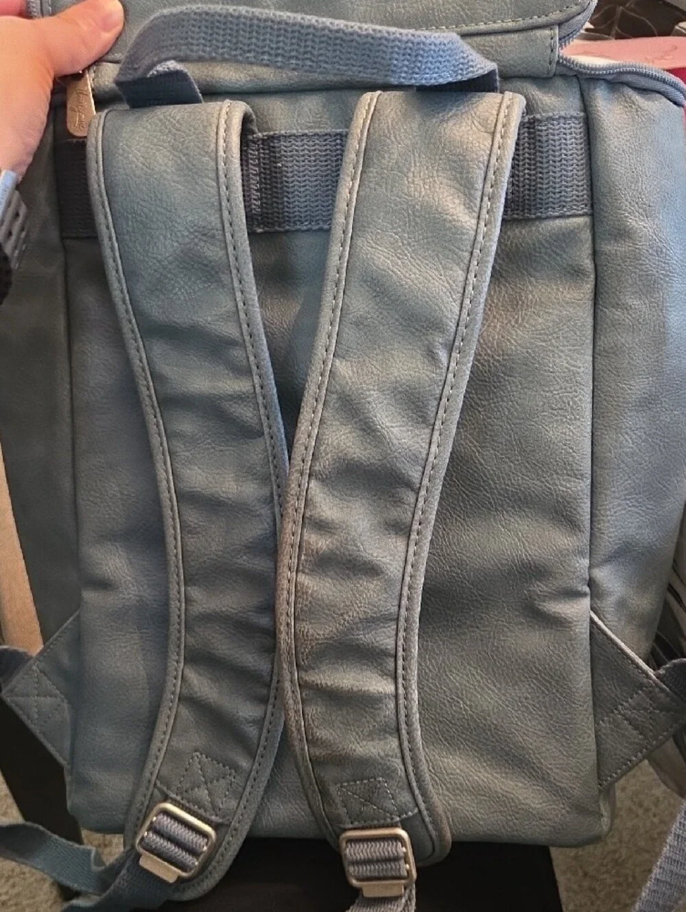 thirty-one blue faux leather tote organizer with exterior pocket